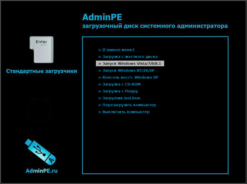 Основні пункти - Main Menu і AdminPE10, перший надає доступ до розширеного меню, в якому опції розподілені за категоріями, другий завантажує власне саму графічне середовище AdminPE