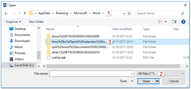 4, В діалоговому вікні «Відкрити» (1) прес Ctrl + V, щоб вставити розташування файлу AutoRecover в Адреса та натисніть вводити ключ;  (2) вибрати Все файли зі списку праворуч на Файл і потім (3) двічі клацніть, щоб відкрити вказану папку, яка, ймовірно, містить відновлений файл