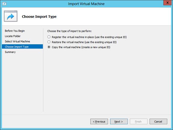 Після цього з графічного GUI Hyper-V Manager запускаємо імпорт віртуальної машини, вибравши в якості параметра опцію Copy the virtual machine (create a new unique ID)