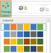 Також можна клацнути мишкою по будь-якій точці кругової діаграми, щоб на Стрічці меню з'явилася група вкладок Робота з діаграмами (Chart Tools) і на вкладці Конструктор (Design) в розділі Стилі діаграм (Chart Styles) клацнути по кнопці Змінити кольори (Change Colors):