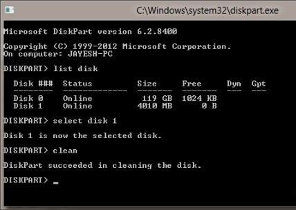 Виберіть номер диска, відповідний USB флешці select disk 1