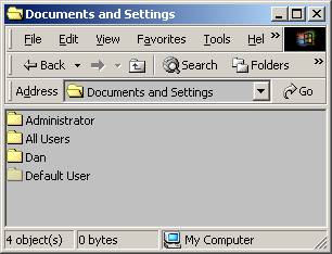 У Windows 2000 профілі користувачів можна знайти в директорії Document and Settings, в папці, яка відповідає імені користувача, як показано нижче: